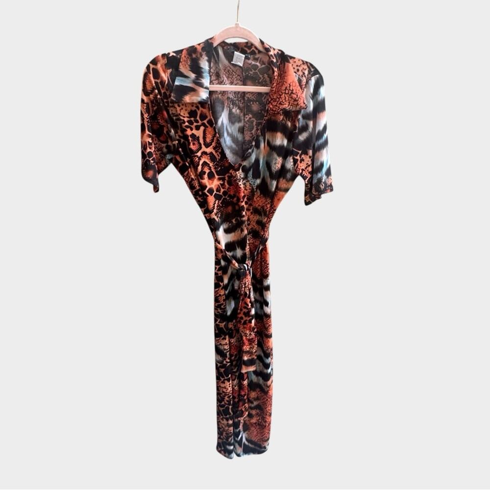 The Curve Los Angeles Animal Print Colorful Short Sleeve Collared Maxi Dress, 1X